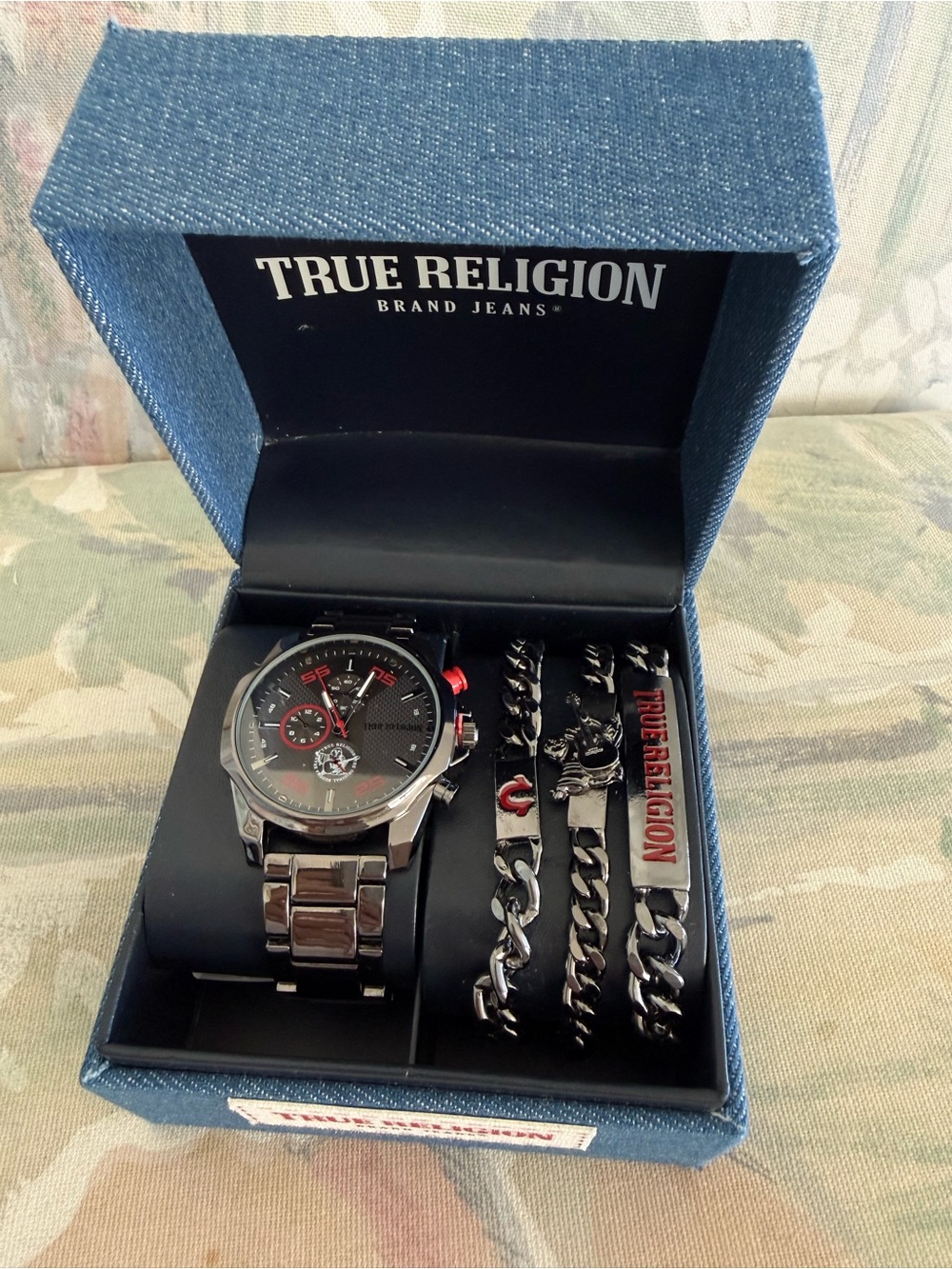 True Religion Men's Watch and Bracelet Gift Set All Black Red Denim Box